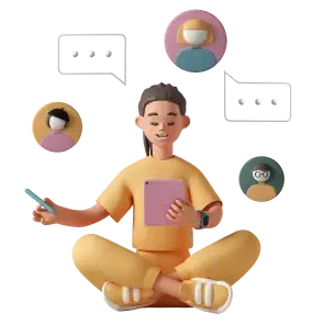 Girl chatting remotely with group of three people